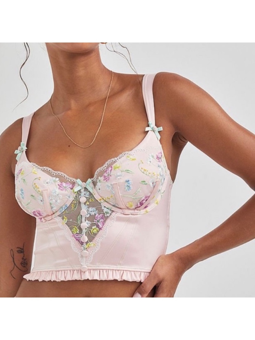 For Love and Lemons Delicate Pink Lace Bustier and Thong Set - Picture 3 of 10